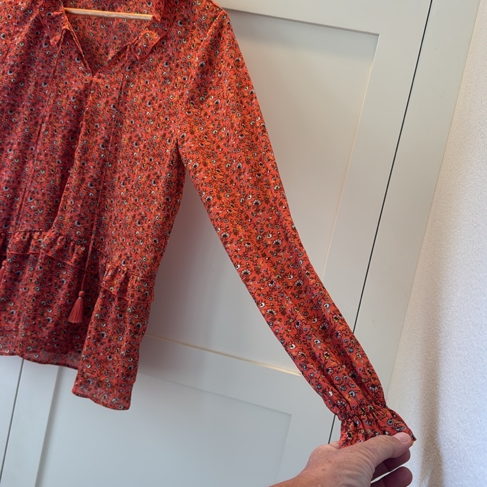Abercrombie & Fitch Orange Floral Patterned Blouse with Ruffle Long Sleeve Large - Picture 7 of 13